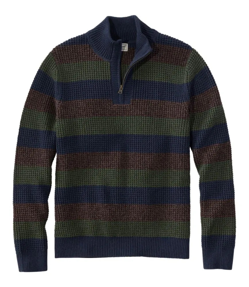 Men's Organic Cotton Waffle Sweater, Quarter Zip, Stripe