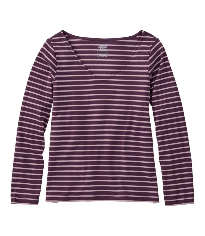 Women's Pima Cotton Tee, Long-Sleeve Open V-Neck Stripe