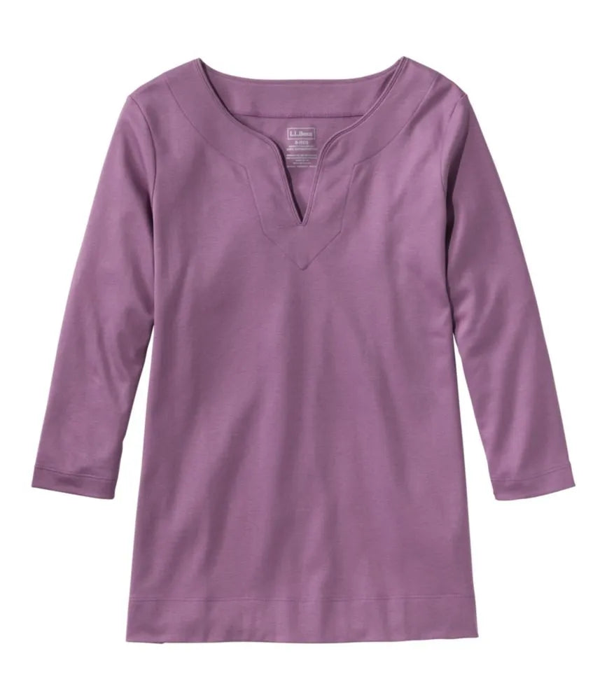 Women's Pima Cotton Tunic, Three-Quarter-Sleeve Splitneck