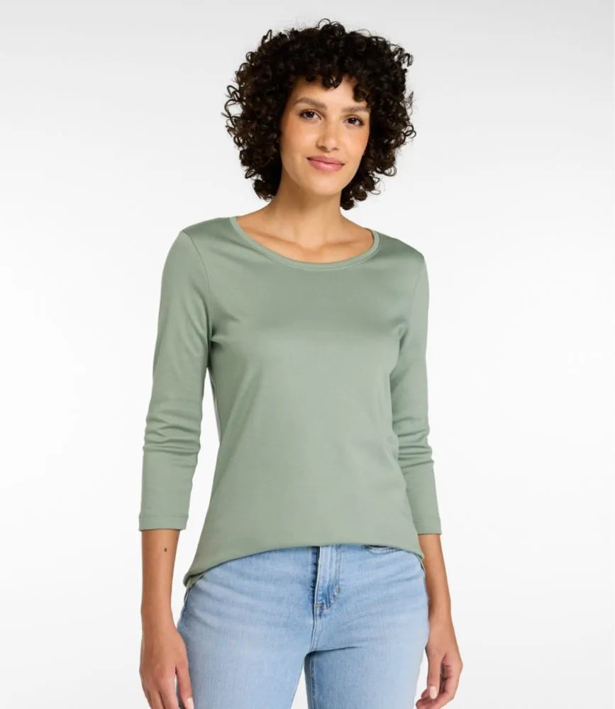 Women's Pima Cotton Shaped Tee, Three-Quarter-Sleeve Jewelneck