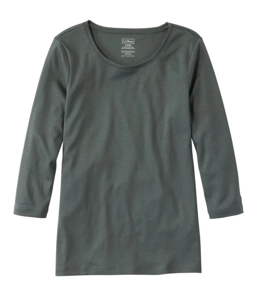 Women's Pima Cotton Shaped Tee, Three-Quarter-Sleeve Jewelneck