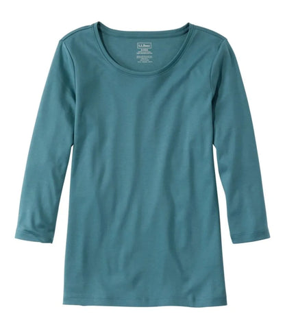 Women's Pima Cotton Shaped Tee, Three-Quarter-Sleeve Jewelneck
