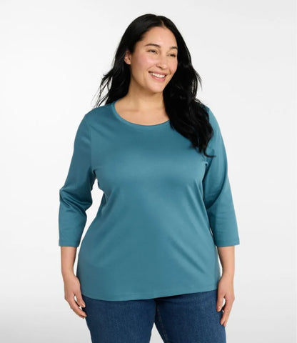 Women's Pima Cotton Shaped Tee, Three-Quarter-Sleeve Jewelneck