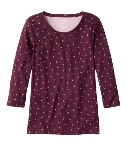 Women's Pima Cotton Shaped Jewelneck Tee, Three-Quarter-Sleeve Print