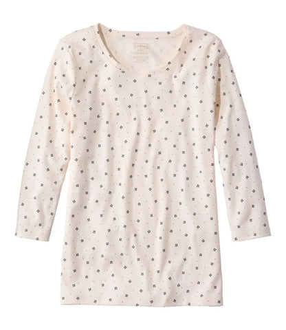 Women's Pima Cotton Shaped Jewelneck Tee, Three-Quarter-Sleeve Print
