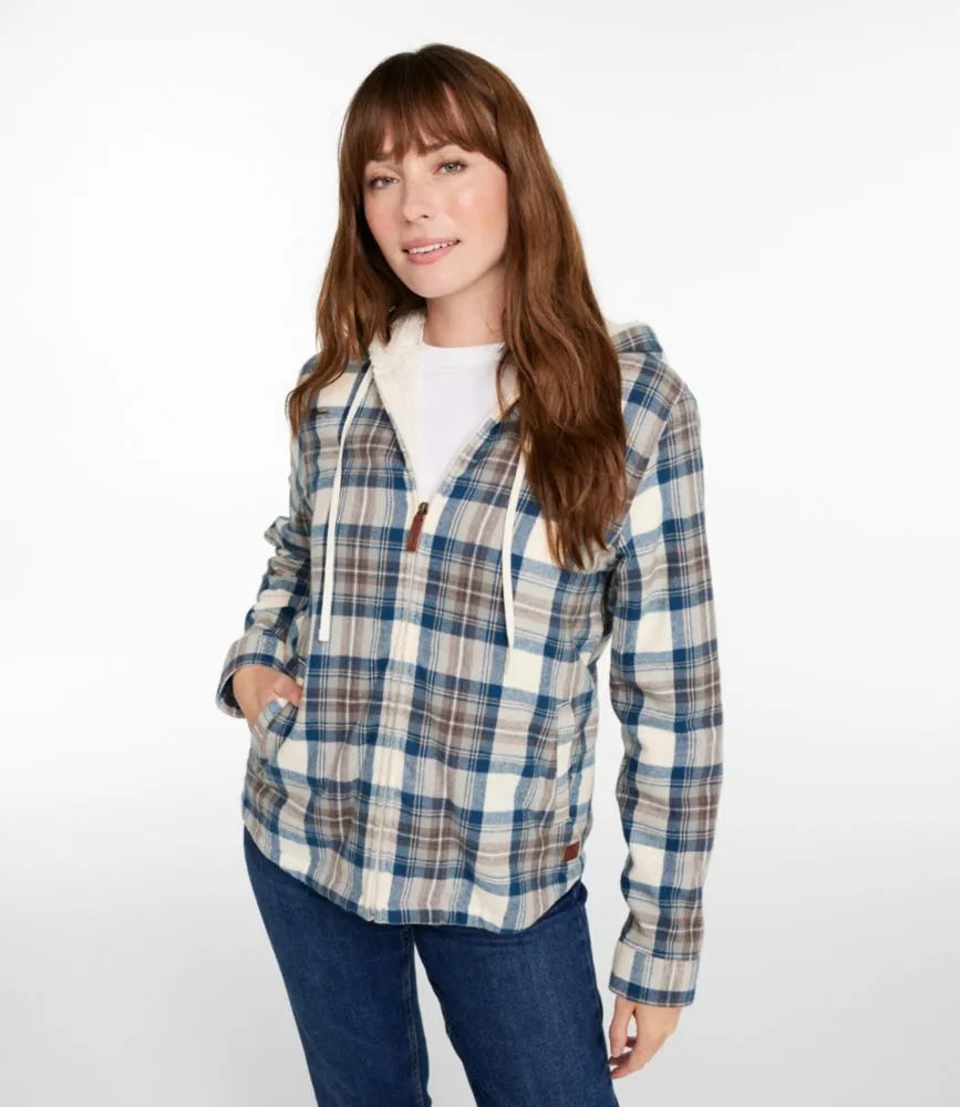 Women's Scotch Plaid Flannel Shirt, Sherpa-Lined Zip Hoodie