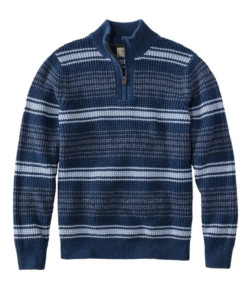 Men's Organic Cotton Waffle Sweater, Quarter Zip, Stripe