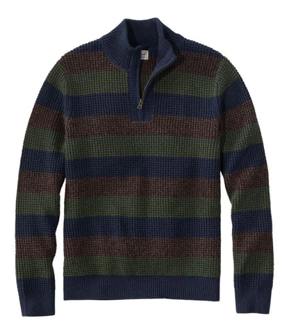Men's Organic Cotton Waffle Sweater, Quarter Zip, Stripe