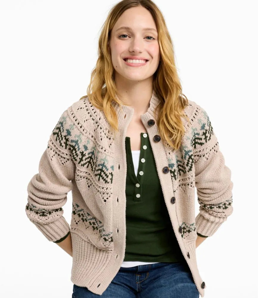 Women's Signature Cotton Fisherman Sweater, Short Cardigan Fair Isle