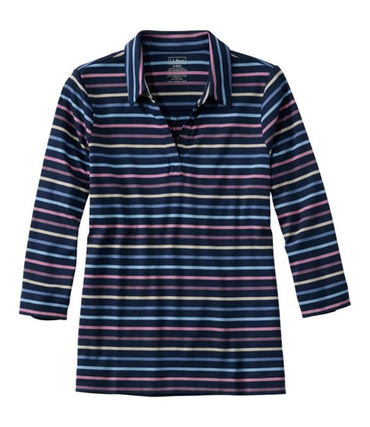 Women's Pima Cotton Tee, Three-Quarter-Sleeve Polo Stripe