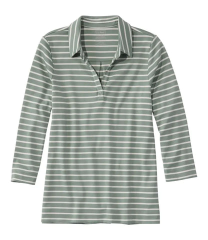 Women's Pima Cotton Tee, Three-Quarter-Sleeve Polo Stripe