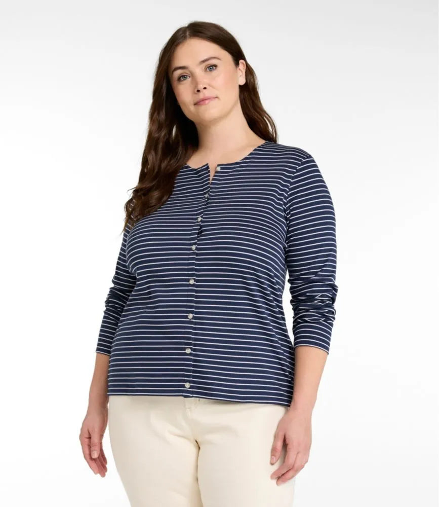 Women's Pima Cotton Tee, Long-Sleeve Crewneck Cardigan Stripe