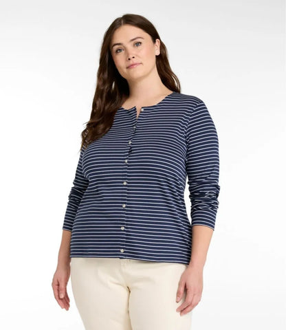 Women's Pima Cotton Tee, Long-Sleeve Crewneck Cardigan Stripe