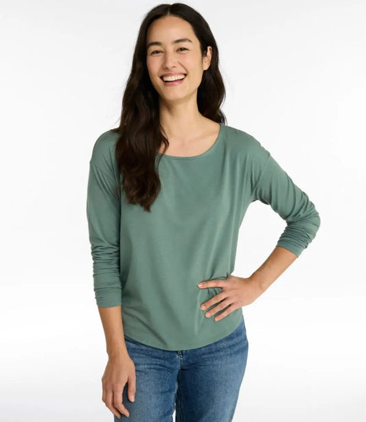 Women's Soft Stretch Supima-Blend Tee, Long Dolman-Sleeve Jewelneck