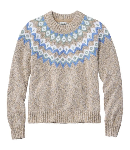 Women's Cotton Ragg Sweater, Relaxed Crewneck Fair Isle Yoke