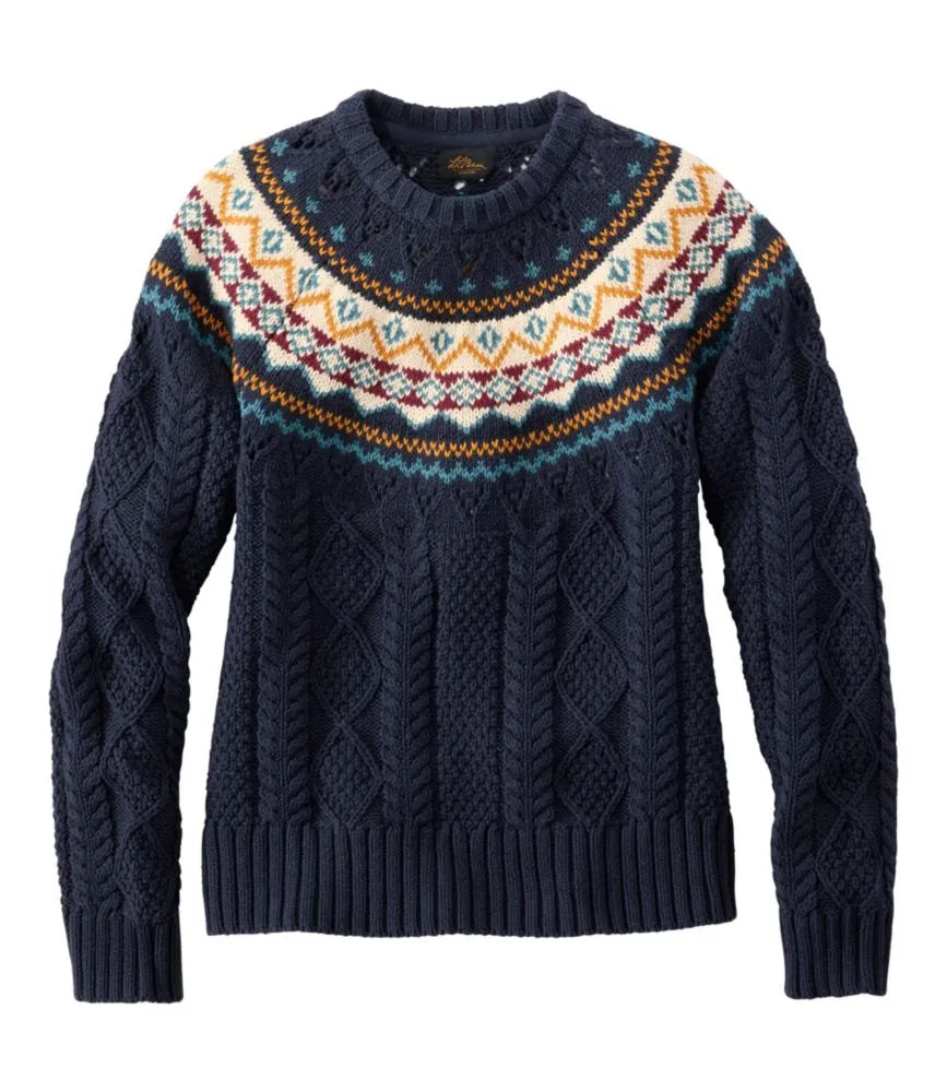 Women's Signature Cotton Fisherman Sweater, Crewneck Fair Isle