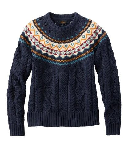 Women's Signature Cotton Fisherman Sweater, Crewneck Fair Isle