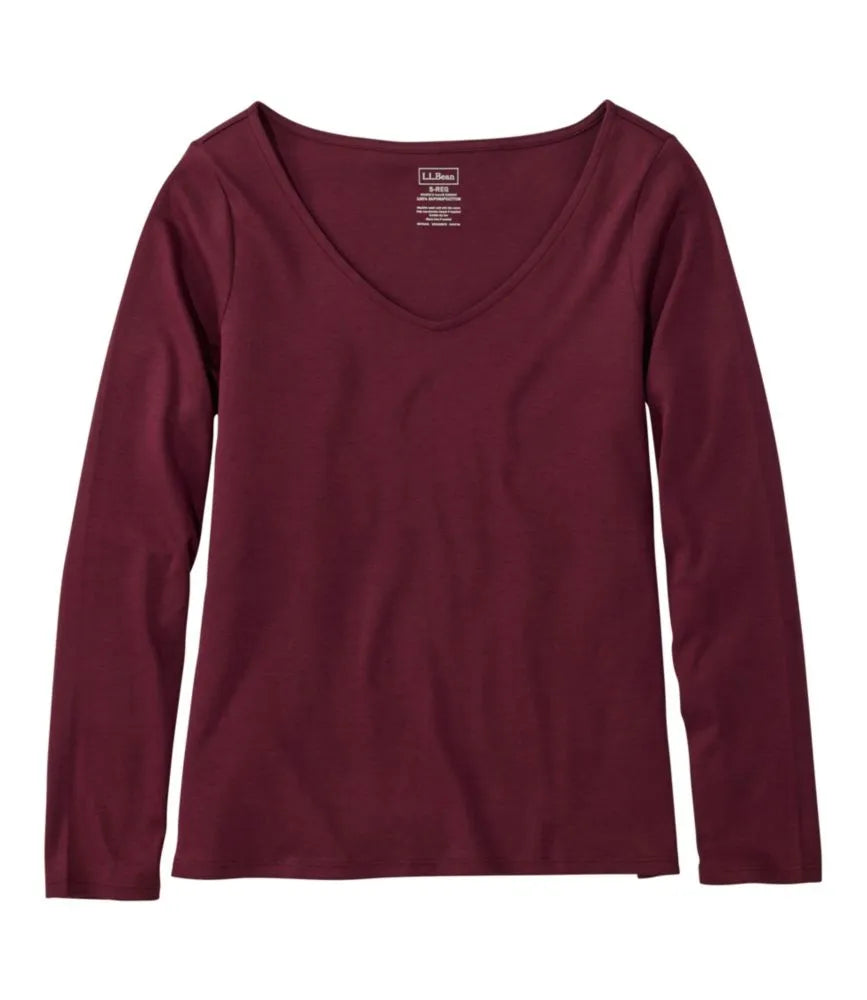 Women's Pima Cotton Tee, Long-Sleeve Open V-Neck