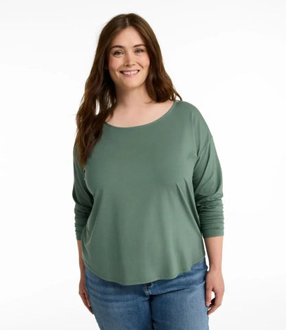 Women's Soft Stretch Supima-Blend Tee, Long Dolman-Sleeve Jewelneck