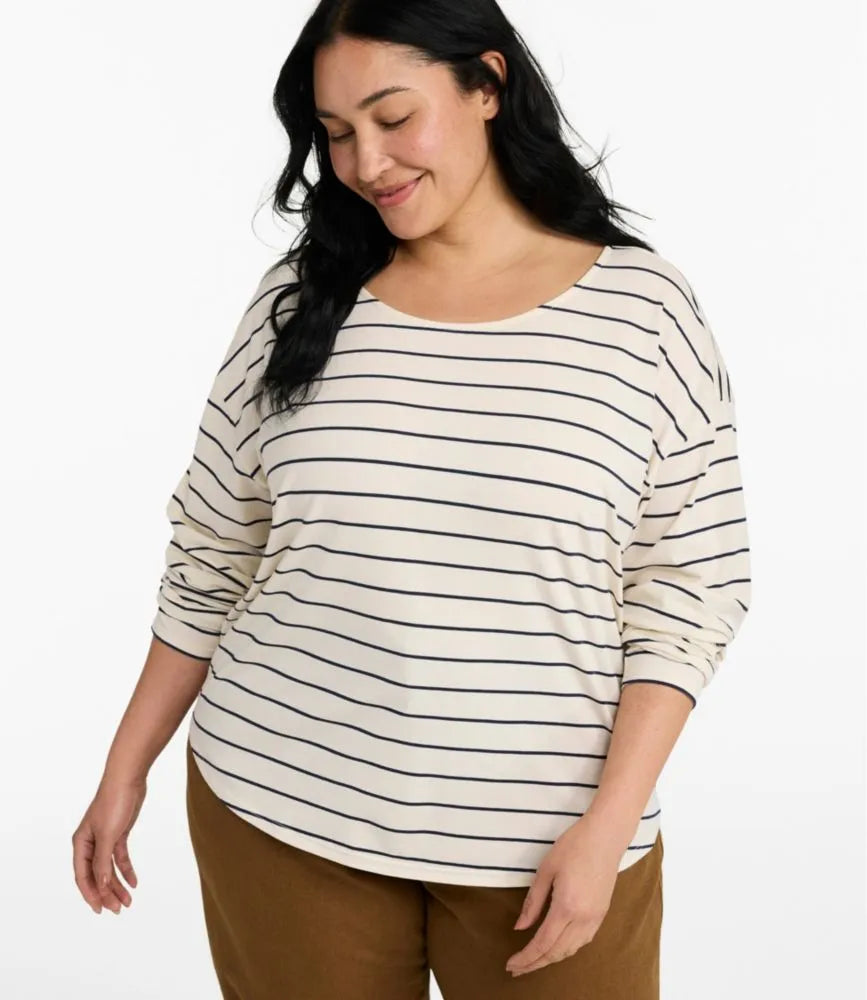 Women's Soft Stretch Supima-Blend Tee, Long Dolman-Sleeve Jewelneck Stripe
