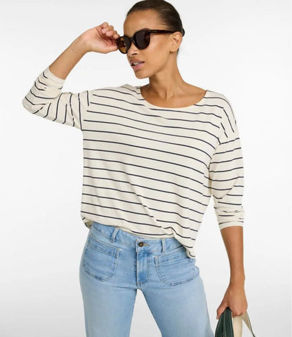 Women's Soft Stretch Supima-Blend Tee, Long Dolman-Sleeve Jewelneck Stripe