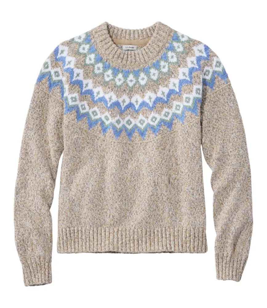 Women's Cotton Ragg Sweater, Relaxed Crewneck Fair Isle Yoke
