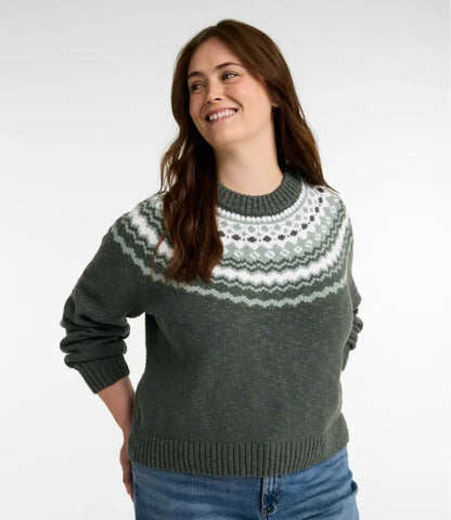 Women's Cotton Ragg Sweater, Relaxed Crewneck Fair Isle Yoke
