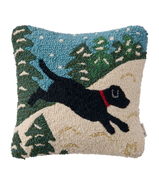 Wool Hooked Throw Pillow, Snow Day Black Dog, 14" x 14"