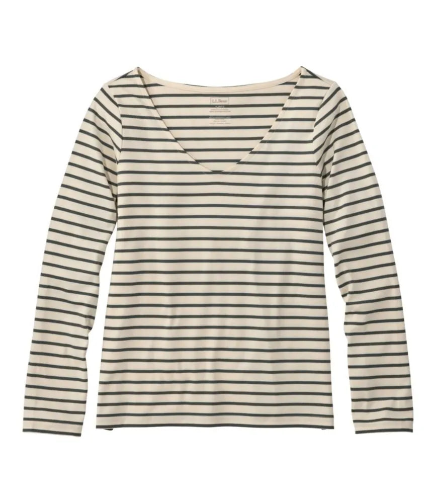 Women's Pima Cotton Tee, Long-Sleeve Open V-Neck Stripe