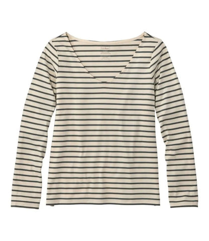 Women's Pima Cotton Tee, Long-Sleeve Open V-Neck Stripe