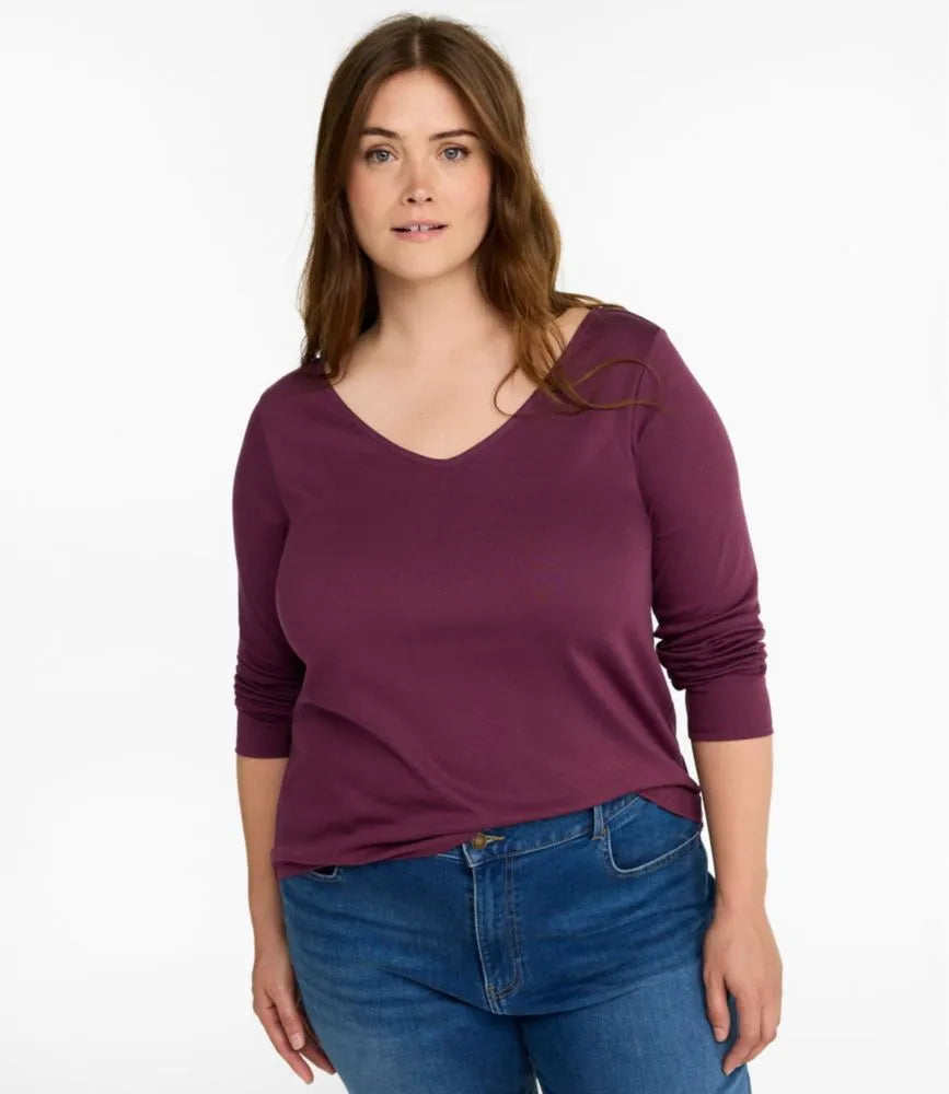Women's Pima Cotton Tee, Long-Sleeve Open V-Neck