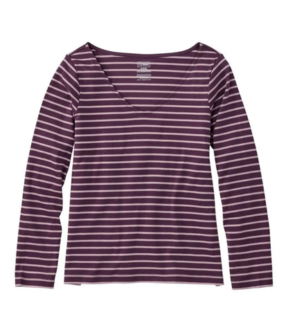 Women's Pima Cotton Tee, Long-Sleeve Open V-Neck Stripe